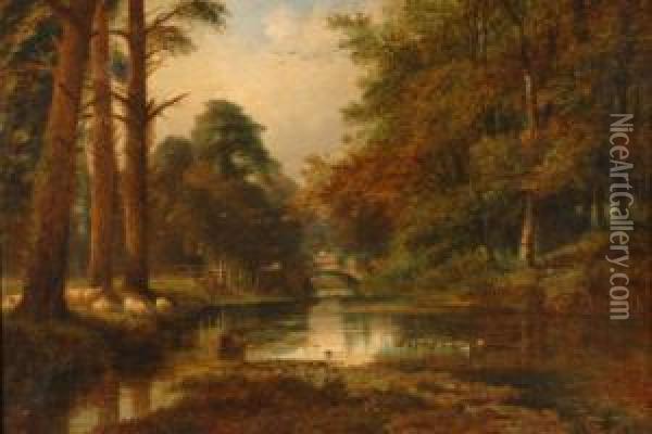 'up Stream On The Rother' River Landscape, Figure On A Bridge And Sheep Grazing, Oil On Canvas, Unsigned, Title And Incorrect Spelling Of Artist's Name And Dated 1882 To Plaque Attached To The Frame, 46 X 61cms Oil Painting - Lewis Pinhorn Wood