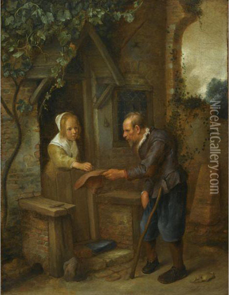 A Young Girl Handing A Coin To An Old Crippled Beggar In Front Of A House Oil Painting - Jan Steen