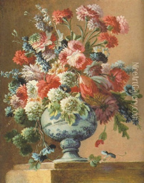 Mixed Flowers In A Blue And White Baluster Vase Oil Painting - Gasparo Lopez