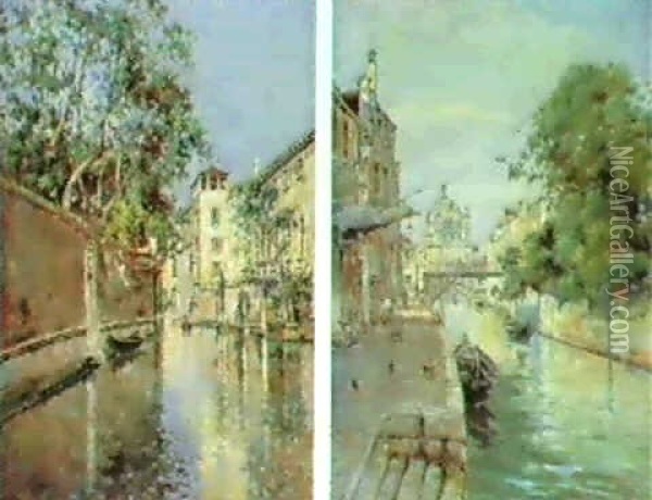 A Venetian Backwater;a View Of A Canal Oil Painting - Antonio Maria de Reyna Manescau