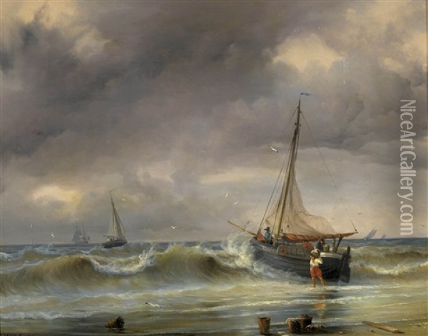 Fischerboot Am Strand Bei Bewegter See Oil Painting - Johann Jakob Ulrich