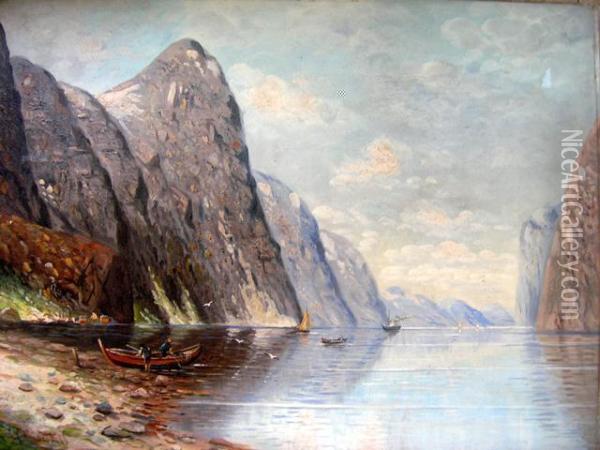 Fischerboote In Einem Norwegischen Fjord Oil Painting - Joseph Friedrich N. Heydendahl
