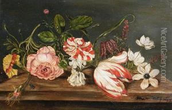 Roses, A Tulip, A Chrysanthemum And Otherflowers On A Table Top Oil Painting - Balthasar Van Der Ast
