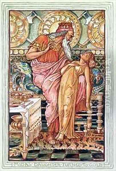 King Midas and his Daughter Turned to Gold Oil Painting - Walter Crane