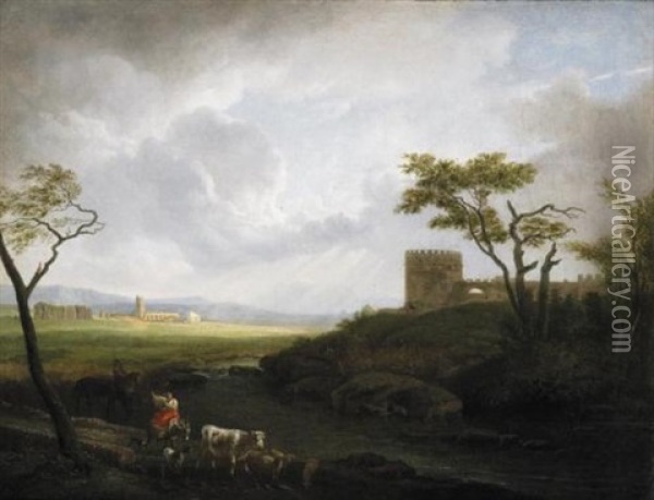 Paesaggio Della Campagna Romana Con Figure, Animali E Un Castello Oil Painting - Hendrick Frans van Lint