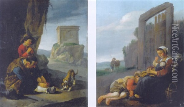 Vagabonds Resting By A Cliff On A Pass In An Italianate Landscape Oil Painting - Johannes Lingelbach