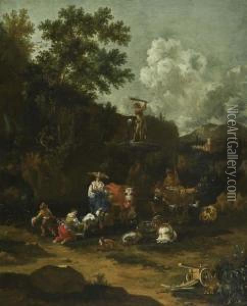 Bauern Mit Vieh Bei Einem Antiken Brunnen. Oil Painting - Rembrandt Van Rijn