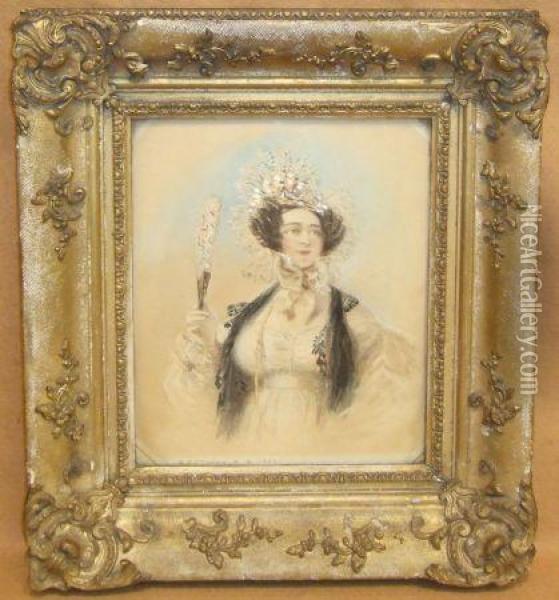 Half-length Portrait Of A Lady Holding Afan Oil Painting - Alfred-Edward Chalon