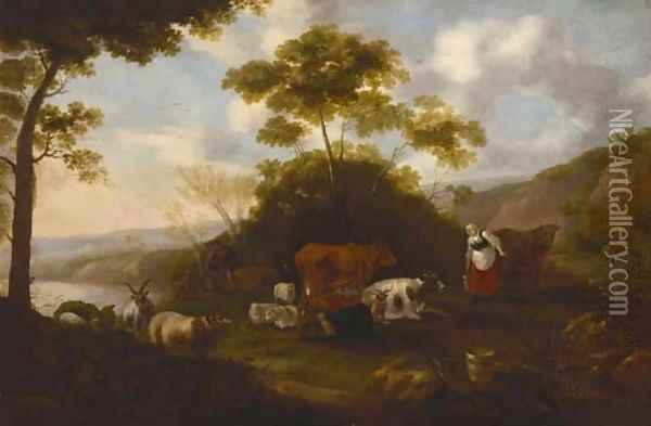 Milkmaids with cattle in a landscape Oil Painting - Jacob Gerritsz. Von Bemmel