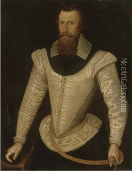 Portrait Of A Gentleman (henry Stuart, Lord Darnley?) In A White Doublet, Holding A Sword And Helmet Oil Painting - Federico Zuccaro