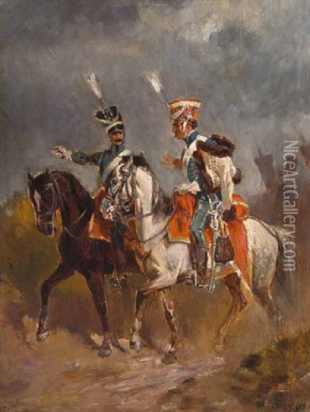 Zwei Osterreichische Husaren Zu Pferd Oil Painting - Wilhelm Von Diez
