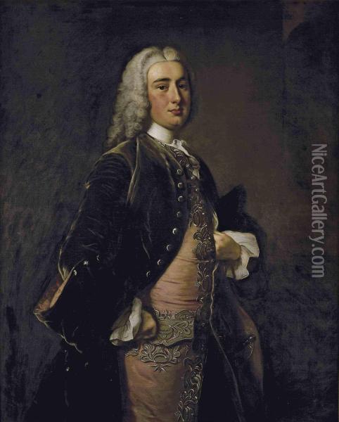 Portrait Of A Gentleman, 
Traditionally Identified As John Perceval, 2nd Earl Of Egmont , 
Three-quarter-length, In A Green Coat And A Pink Embroidered Waistcoat Oil Painting - Thomas Hudson