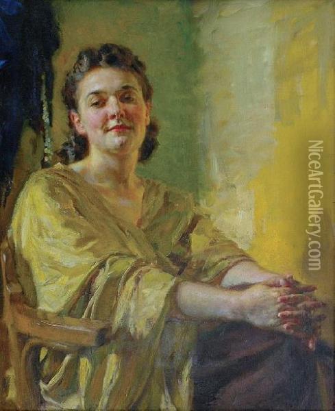 Maryla W Zoltej Draperii Oil Painting - Boleslaw Barbacki