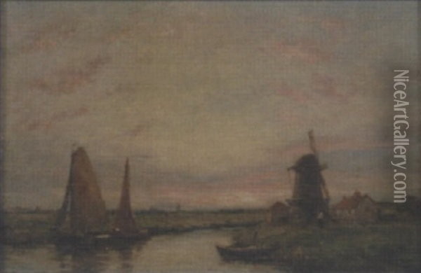 Sunset Over A Polder Oil Painting - Jacob Henricus Maris