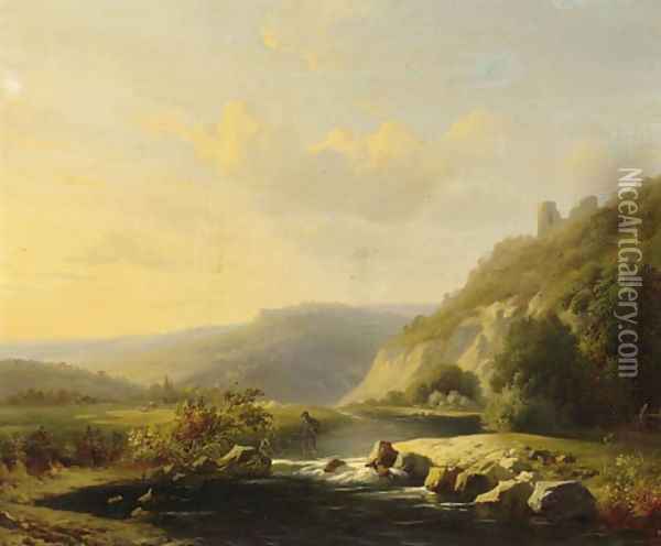 A extensive mountainous river landscape with a shepherd wading through a river Oil Painting - Louis Pierre Verwee