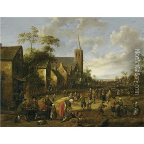 A Busy Village Street With Numerous Figures, Peasants Eating And Drinking At A Table In The Foreground, A Church Tower Beyond Oil Painting - Joost Cornelisz. Droochsloot