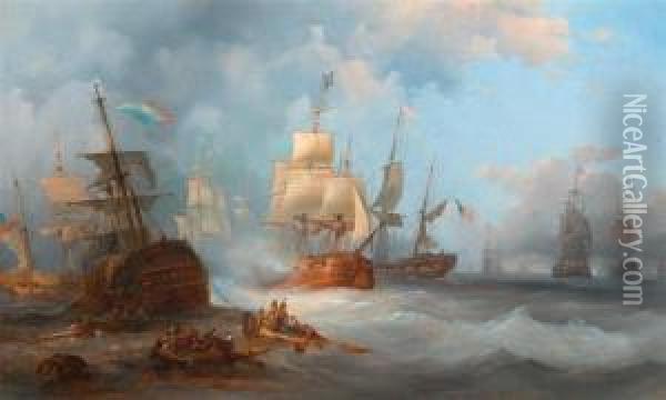 Sea Battle. Oil Painting - Francois Etienne Musin