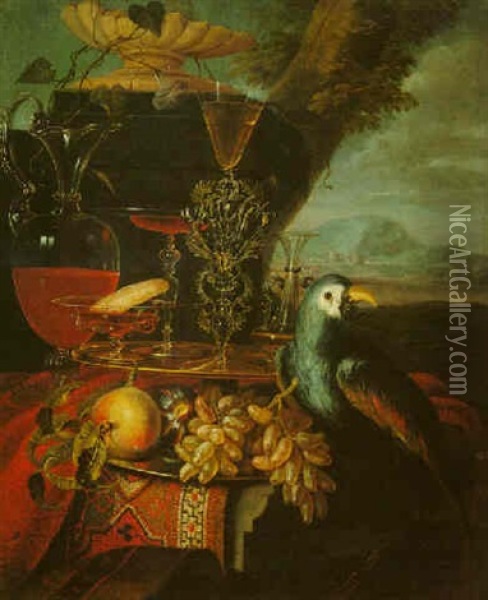 A Still Life With Glasses, A Parrot, Grapes And A Peach On A Pewter Plate On A Draped Table In A Landscape Oil Painting - Christian Berentz