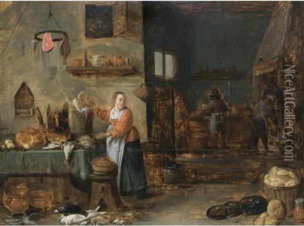A Kitchen Interior With A Maid 
Holding A Basket Near A Table Laid With Poultry And Pastries Oil Painting - David The Younger Teniers