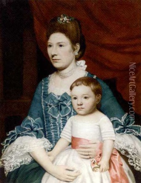 Portrait Of A Lady, Seated In A Blue Silk Dress With Ribbons And Her Child In White Oil Painting - John Singleton Copley
