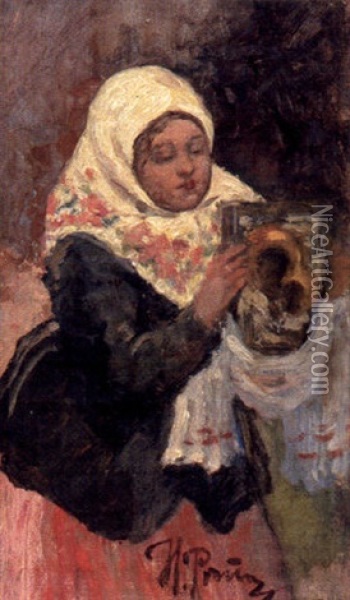 Ung Bondkvinna I Sjalett Med Ikon Oil Painting - Ilya Repin