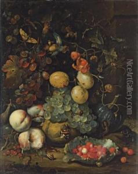 Figs, Plums, Grapes, Peaches, 
Redcurrants And A Pumpkin, With A Lettuce Leaf Filled With Wild 
Strawberries, A Newt, A Butterfly, Ants And Snails On A Ledge Oil Painting - Jan Mortel