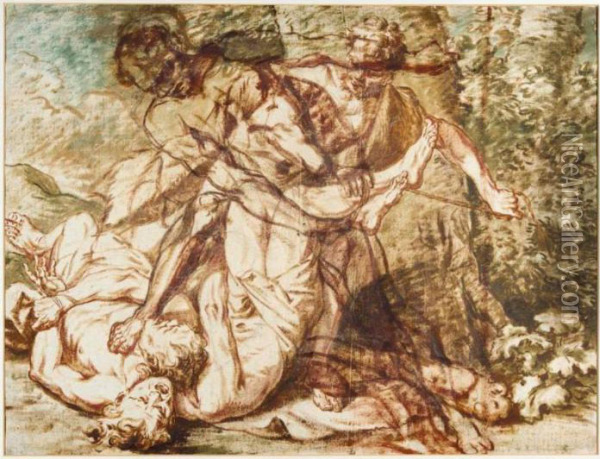 Hercules Wrestling Antaeus Oil Painting - Giovanni Benedetto Castiglione