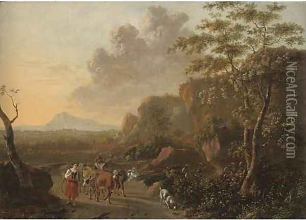 An Italianate mountainous landscape with herdsmen on a path Oil Painting - Jan Both