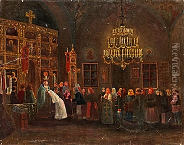 Kyrkointerior Med Brollopsfolje Oil Painting - Leonid Ivanovich Solomatkin
