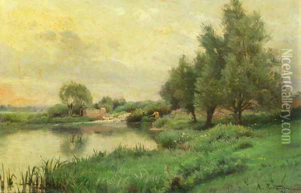 Pecheur au bord de la riviere (Fisher by the river) Oil Painting - Alfred Renaudin