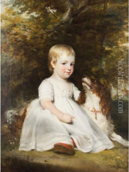 Young Child With A Spaniel Oil Painting - Sir William Beechey