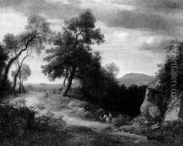 Sudliche Landschaft Mit Einem Reiter Und Landsknechten Oil Painting - Johann Wilhelm Schirmer