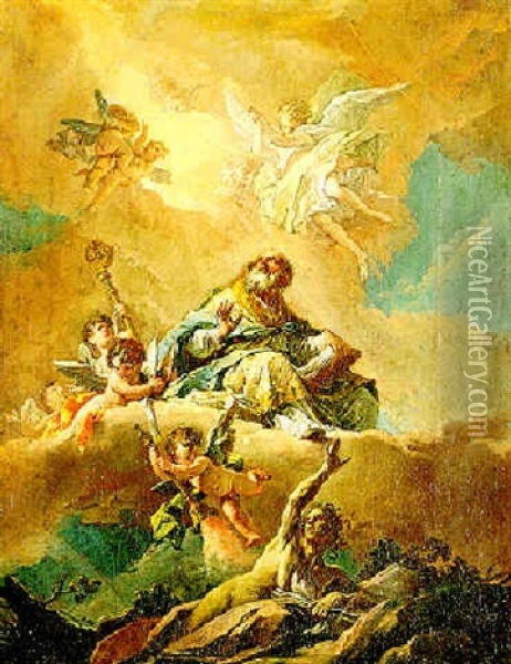A Bishop Saint (saint Ambrose Or Saint Augustine?) In Glory Surrounded By Putti And Angels, Heresy Being Repulsed Below Oil Painting - Gaspare Diziani