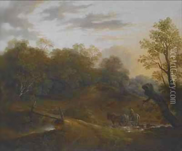 Pony Cart Crossing a Woodland Brook Oil Painting - Benjamin Barker