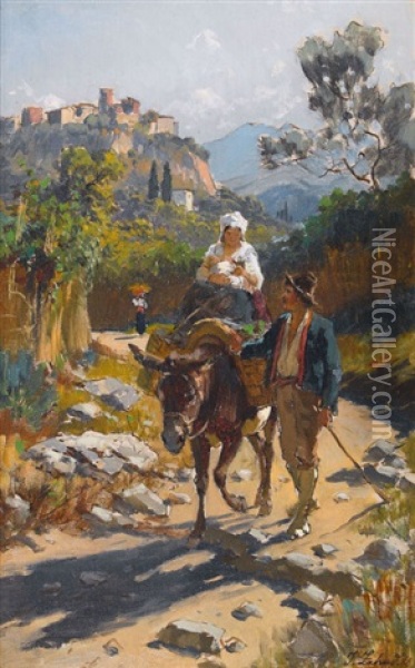 Romische Wegpartie Mit Bauernpaar Und Esel Oil Painting - Johann Zahnd