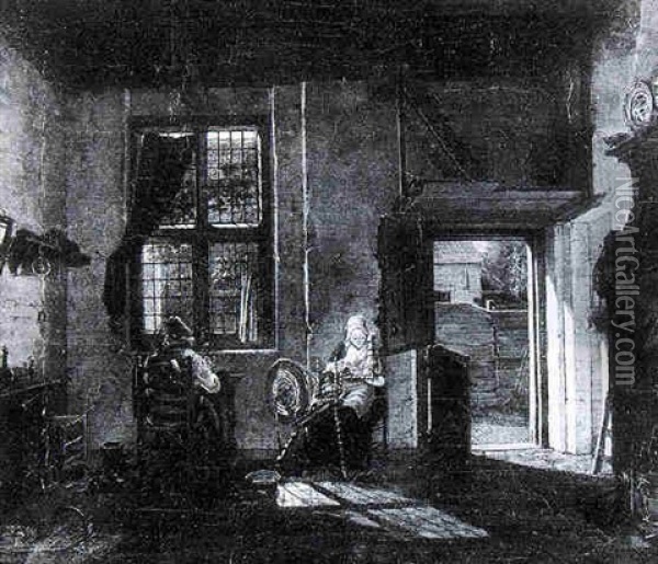 A Shoe-maker And A Spinster In An Interior Oil Painting - Carel Lodewyk Hansen