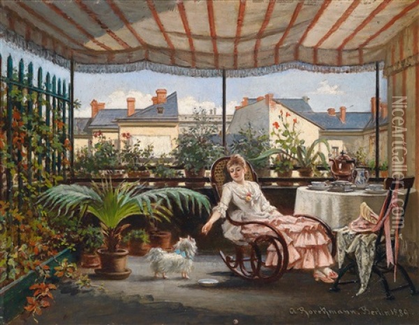 Teestunde Auf Der Veranda Oil Painting - August Brockmann