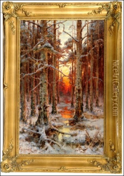 Sunset In A Winter Landscape Oil Painting - Yuliy Yulevich (Julius) Klever