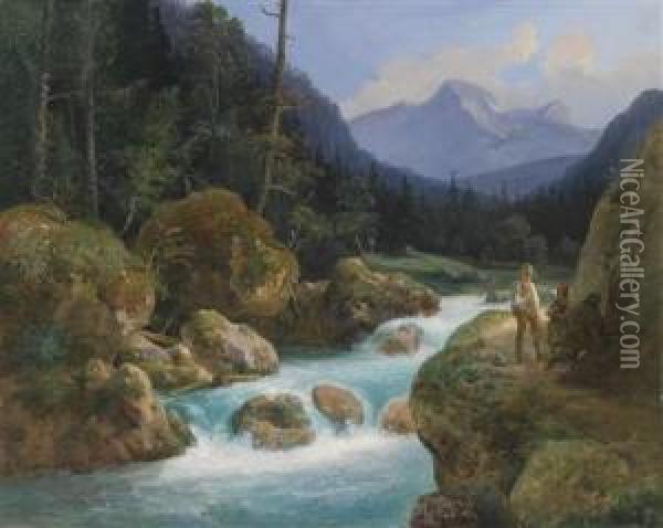 Mountainlandscape With Decorative Figures Oil Painting - Ludwig Schrattenbach