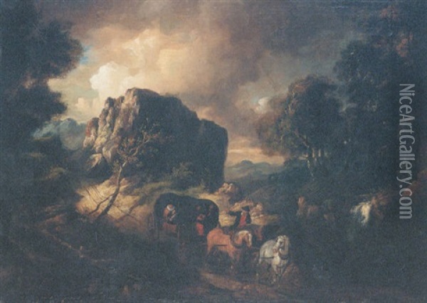 Travellers In A Horse Drawn Cart In A Storm In A Wooded Landscape Oil Painting - Thomas Barker