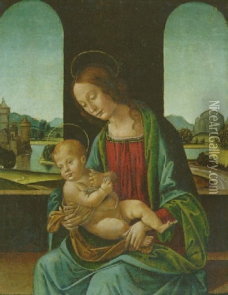 Madonna Mit Kind Vor Rundbogenfenstern Mit Ausblick In Landschaft Oil Painting - Lorenzo Di Credi