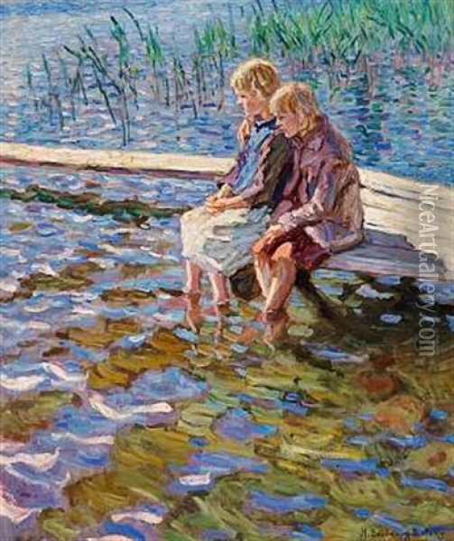 Two Girls Sitting On A Bathing Jetty With Their Feet In The Water Oil Painting - Nikolai Petrovich Bogdanov-Bel'sky
