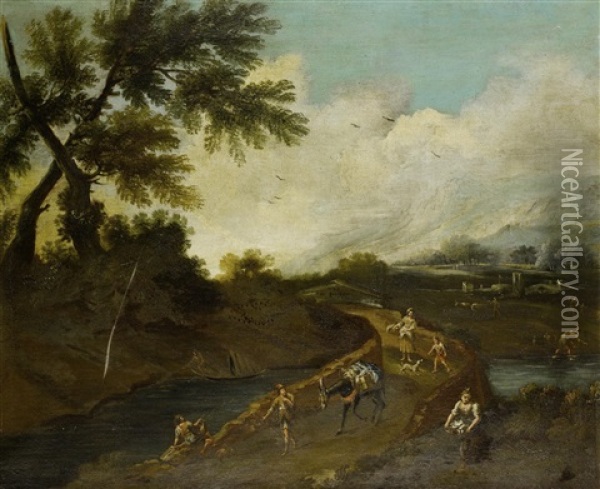 A Wooded Landscape With Travellers And A Mule Crossing A Bridge, With Mountains Beyond; And Travellers On A Bridge Above A Waterfall With A Hilltop Village Beyond (2 Works) Oil Painting - Bartolomeo Pedon