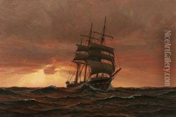 Aften Paa Havet Mod Storm Oil Painting - Vilhelm Karl Ferdinand Arnesen