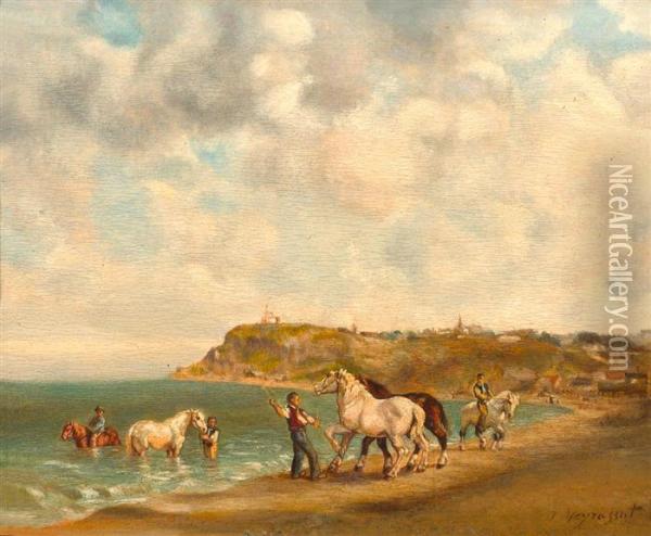 Pferdehuter Am Strand. Oil Painting - Jules Jacques Veyrassat