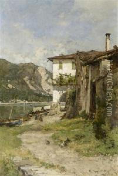 River Landscape With Houses Oil Painting - Eugenio Gignous