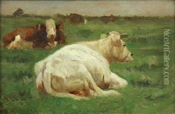 Cattle Resting In An Open Field Oil Painting - Ogden Wood