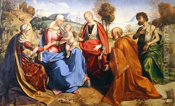 The Marriage of St. Catherine, with St. Rosa, St. Peter and St. John the Baptist, 1506 Oil Painting - Boccaccio Boccaccino