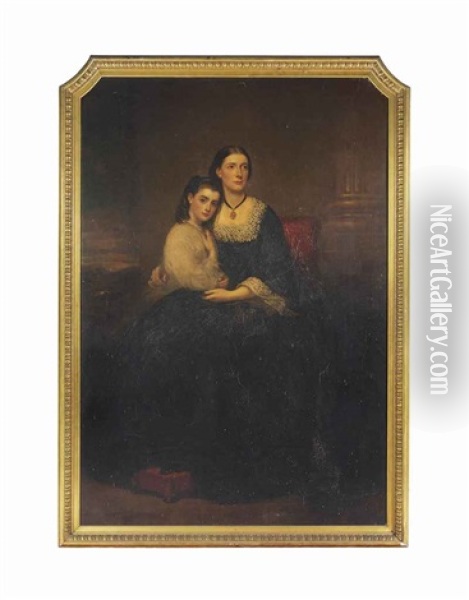 Portrait Of Emily, 1st Vicountess Hambleden, And Her Daughter, Full-length, Seated On A Red Chair Oil Painting - Richard Buckner