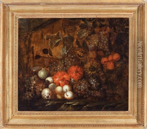 Still Life Of Grapes, Pears, Peaches And Flowers Oil Painting - Abraham Mignon